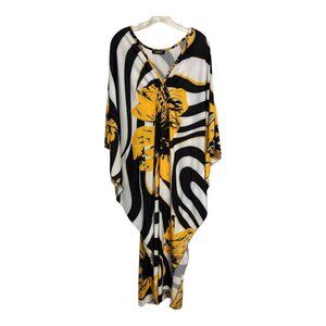 BSUBSEACH Black White Yellow Floral Kaftan Cover Up Batwing Maxi 58x54